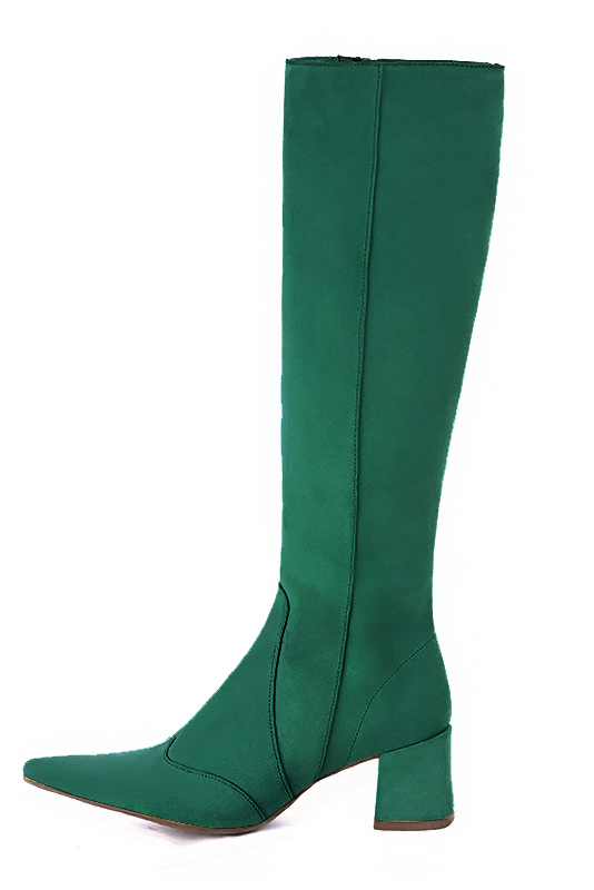 Emerald green women's feminine knee-high boots. Pointed toe. Medium block heels. Made to measure. Profile view - Florence KOOIJMAN